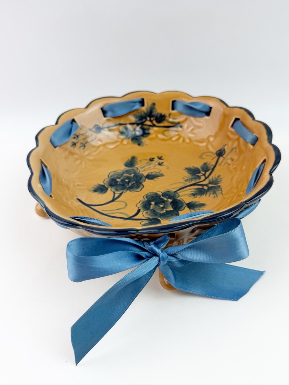 Vintage Katherine's Collection Ceramic Footed Bowl Dish Floral Bow Cottagecore